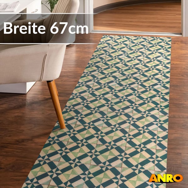 Läufer mit geometrischem Dreiecksmuster, Breite 67 Zentimeter, auf dunklem Holzboden neben einem Stuhl platziert, ANRO Logo.