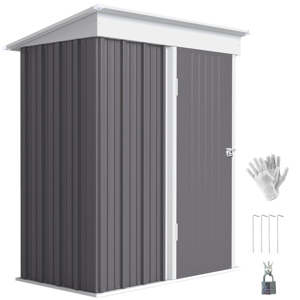 Metall-Gerätehaus mit Pultdach, Einzeltür, Arbeitshandschuhen, Bodenankern und Vorhängeschloss.