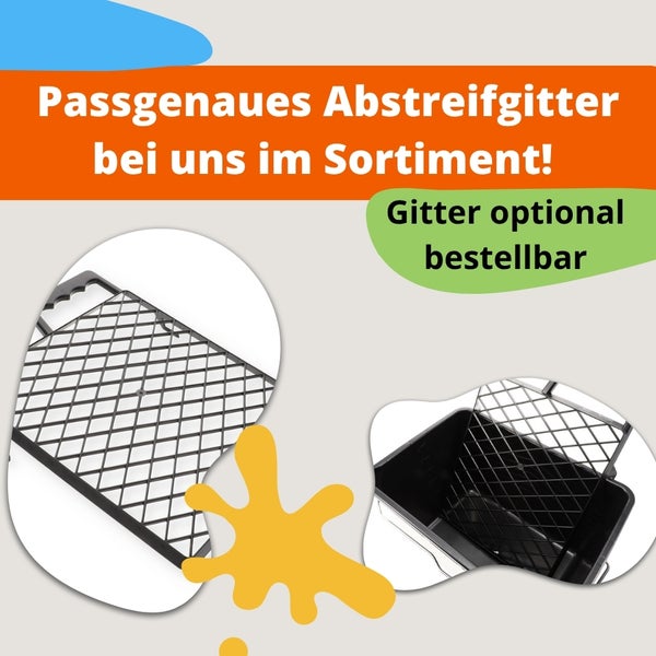 Passgenaues Abstreifgitter aus Kunststoff für Farbeimer, einzeln und im Eimer eingesetzt dargestellt.
