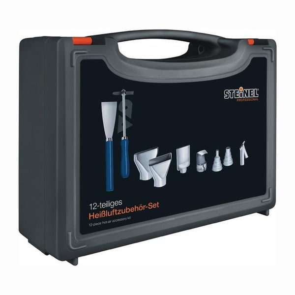 Steinel 12-teiliges Heißluftzubehör-Set im grauen Kunststoffkoffer mit diversen Düsen und Schabern.