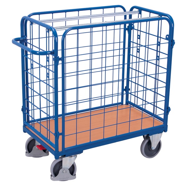 Gitterwagen aus blauem Stahl mit einer Bodenplatte aus Holz, vier Rollen und einem Schiebegriff.