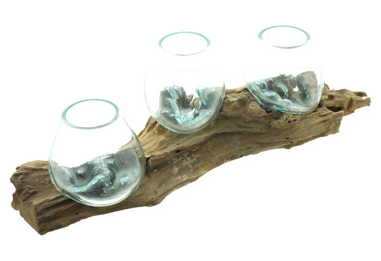 FRANK FLECHTWAREN|Windlichtboard Wurzelholz, 56 x 16 x 17 cm, HOLZ, GLAS