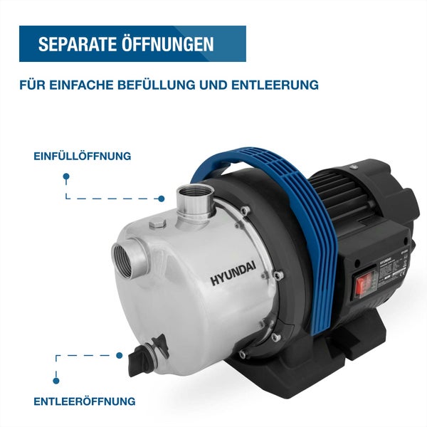 Hyundai Gartenpumpe aus Edelstahl mit separaten Öffnungen für einfaches Befüllen und Entleeren.