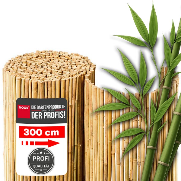 Eine aufgerollte Bambusmatte als Sichtschutz für den Garten von der Marke Noor mit einer Höhe von 300 Zentimeter und Profi Qualität.