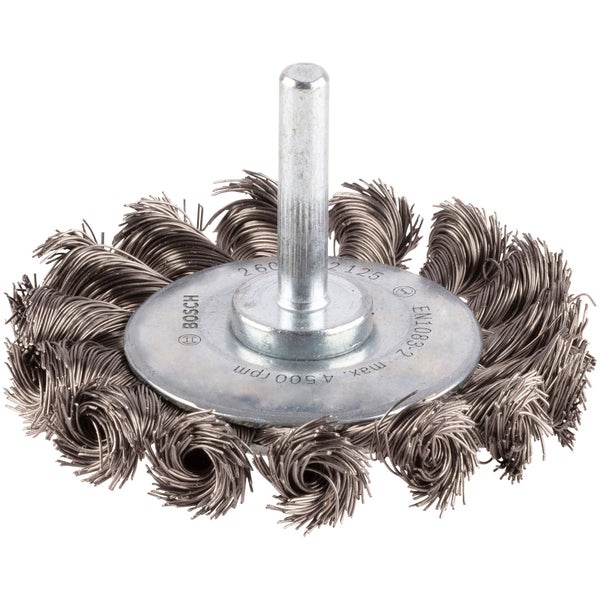 Drahtbürstenaufsatz für Bohrmaschine mit Metallschaft und Bosch Logo