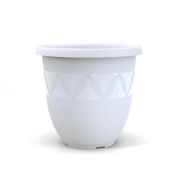 Runder weißer Blumentopf aus Kunststoff mit einem umlaufenden Band mit Blattdekor.