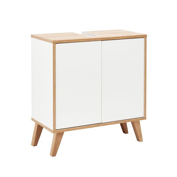 FACKELMANN FINN Badmöbel Set 2 Teile / Waschbeckenunterschrank mit Push-to-Open / 4 Holzfüße / Badschrank mit 2 Türen / Korpus & Front: Weiß / Rahmendekor & Füße: Braun hell / Breite: 60 cm