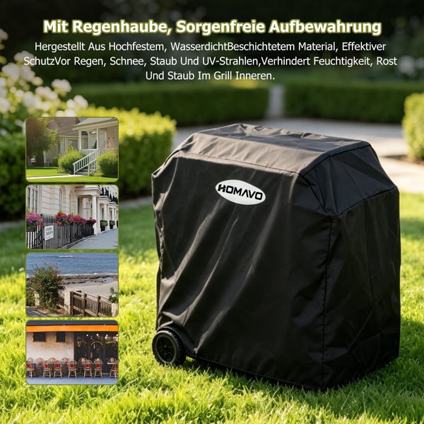 Schwarze Grillschutzhülle von Homavo auf einem Grill im Garten, wetterfeste Abdeckhaube für optimalen Schutz.