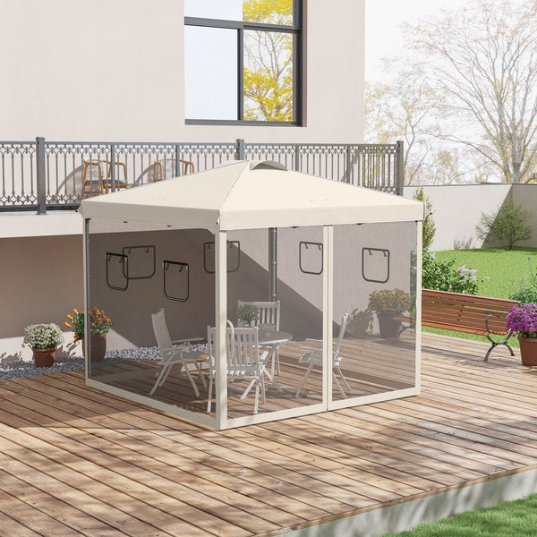 Outsunny Faltpavillon ca. 3 x 3 m, Pavillon mit 4 Netzvorhängen, Gartenpavillon mit UV-Schutz, Pop Up Pavillon mit Fenster, Tragetasche, für Garten, Pavillon, Beige