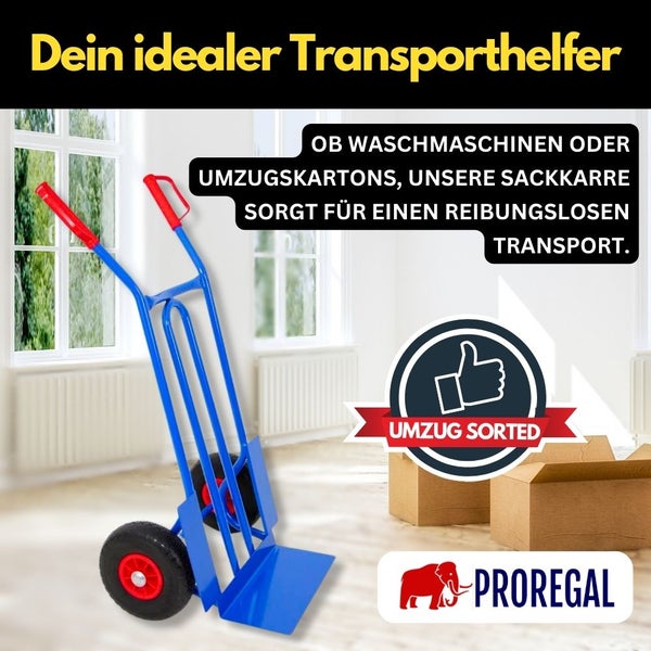 Sackkarre aus Stahl für den Transport von Waschmaschinen oder Umzugskartons in einem hellen Raum mit Kartons. Proregal Logo.