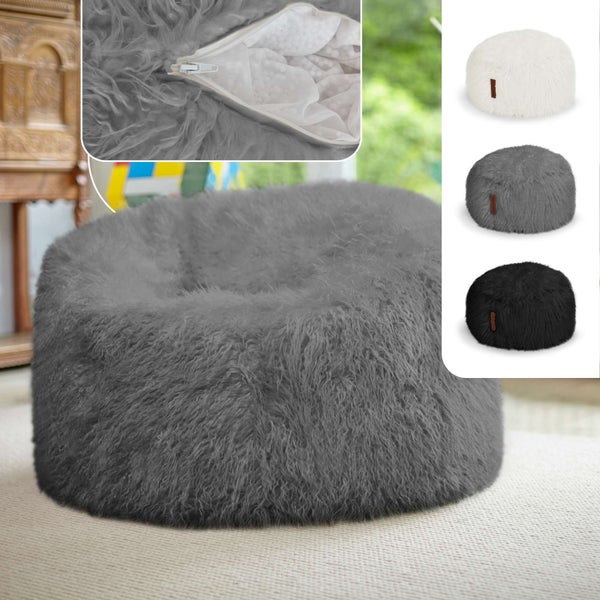 Green Bean Sitzsack Fellotpik mit Füllmaterial (EPS Perlen) - Indoor Maße ca 100 x 55 cm - Bean Bag Sitzkissen Sitzpuff Sitzsessel Bodenkissen Lounge Grau