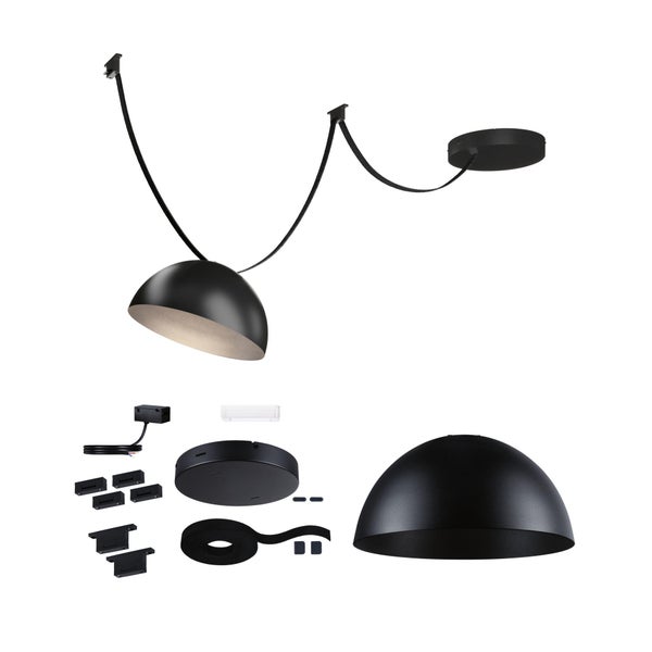 Moderne Pendelleuchte mit halbkugelförmigem Schirm und Montagezubehör inklusive Deckenbefestigungen und Kabel