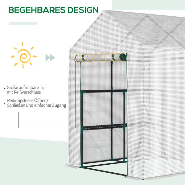 Outsunny Foliengewächshaus, begehbares Gewächshaus mit 4 Regalebenen, Reißverschlusstüren, 143 x 143 x 195 cm, Stahl, PE-KunststoffWeiß