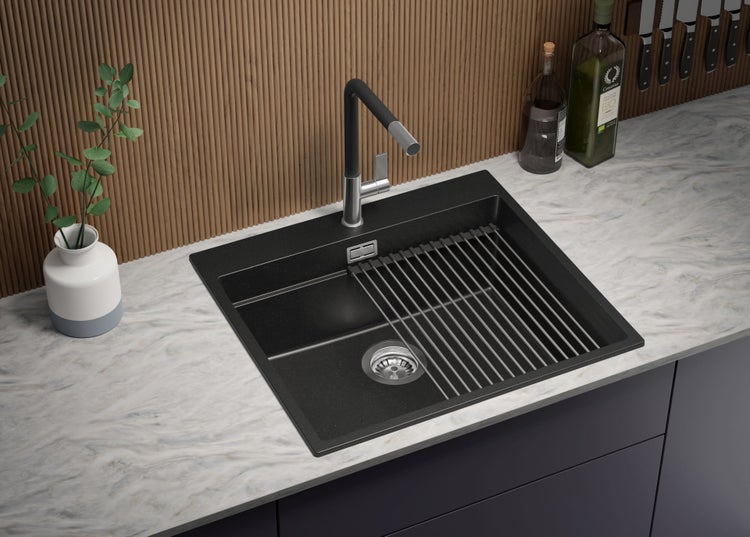 PRIMAGRAN Spülbecken Alles Schwarz 58x53cm, Granitspüle 1 Becken + Ablauf-Set + Aufrollbare Abtropffläche, Küchenspüle ab 60er Unterschrank - Oslo Max