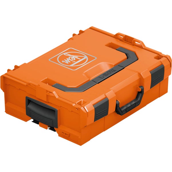 Fein Werkzeugkoffer L-BOXX aus orangefarbenem Kunststoff mit Tragegriff.