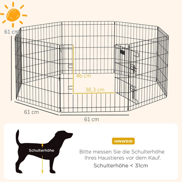Achteckiger Welpenauslauf aus Metall mit Maßen 61 Zentimeter Höhe und 61 Zentimeter Breite pro Element inklusive Türöffnung und Messhinweis.
