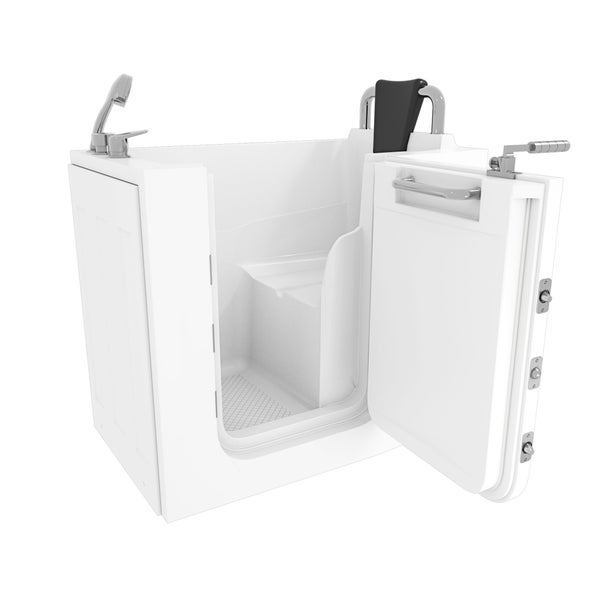Seniorenbadewanne mit Tür und integriertem Sitz, inklusive Handbrause und Armatur, barrierefreie Badewanne für ein einfaches Einsteigen.