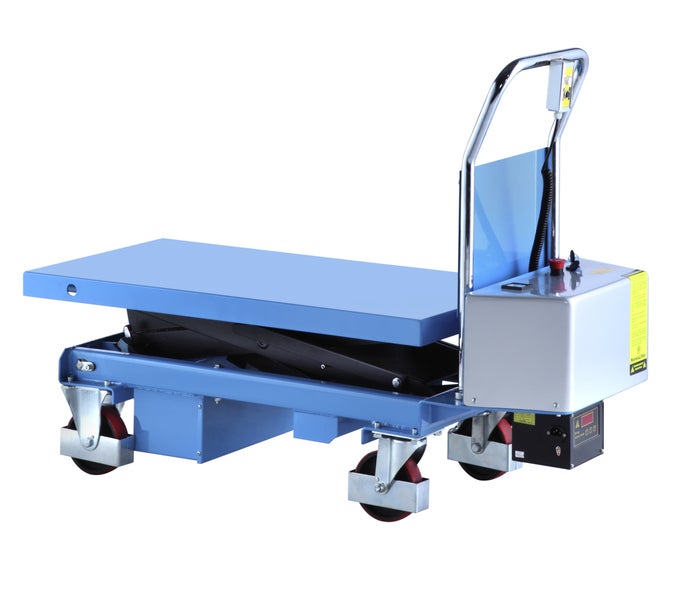 Elektrischer Scherenhubwagen mit Trageplatte und Rädern