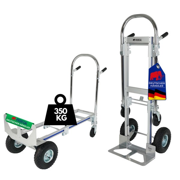 Kombinierte Sackkarre und Plattformwagen aus Aluminium, Tragkraft bis 350 Kilogramm, mit Luftbereifung und Lenkrollen.