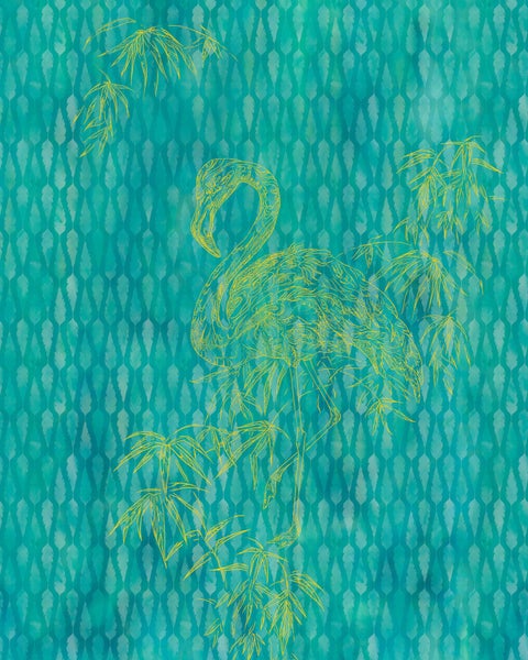 Abbildung eines Flamingos mit Bambus auf gemustertem Grund