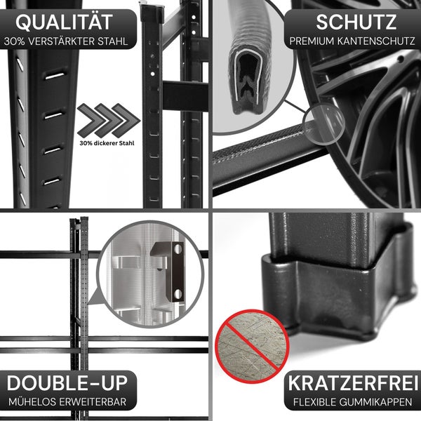 ALL Premium Reifenregal 18 Reifen 200x150x40cm Schwarz – 250 kg Traglast, Reifenregal 16 Reifen, Reifenständer & Reifenhalter – Felgenbaum Garagen Zubehör für Garage & Lager