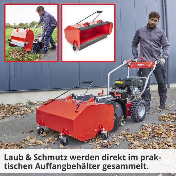 Kehrmaschine zum Reinigen von Laub und Schmutz mit Auffangbehälter