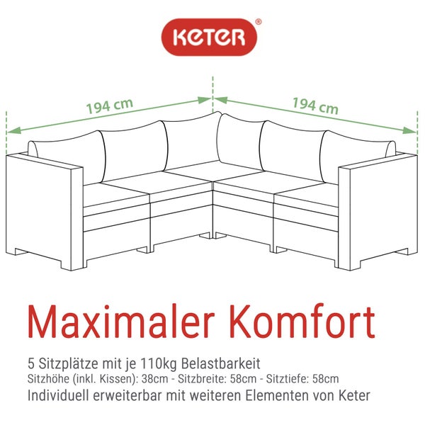 Keter Provence Garten-Lounge, Eck-Sofa anthrazit Inkl. Kissen grau, wetterfest, Garten, Outdoor