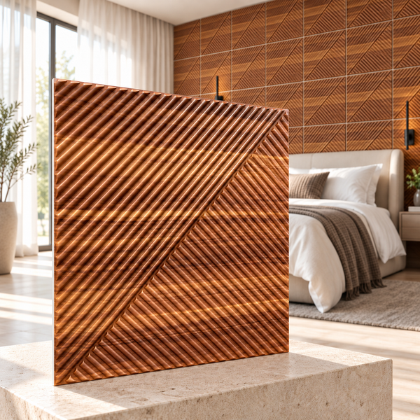 Dekorative Wandpaneel Platte mit geometrischem Lamellenmuster in Holzoptik platziert vor einem modern eingerichteten Schlafzimmer