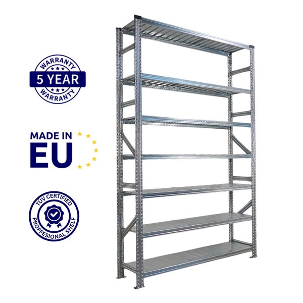 Metallregal mit sechs Regalböden, fünf Jahre Garantie, hergestellt in der EU, TÜV-geprüft