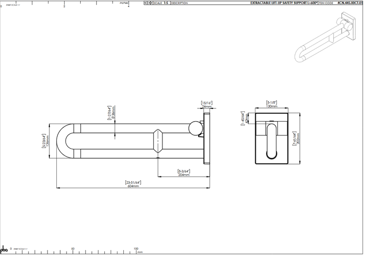 Technische Zeichnung eines hochklappbaren Stützklappgriffs mit Bemaßungen in Millimetern, Länge 604 Millimeter.