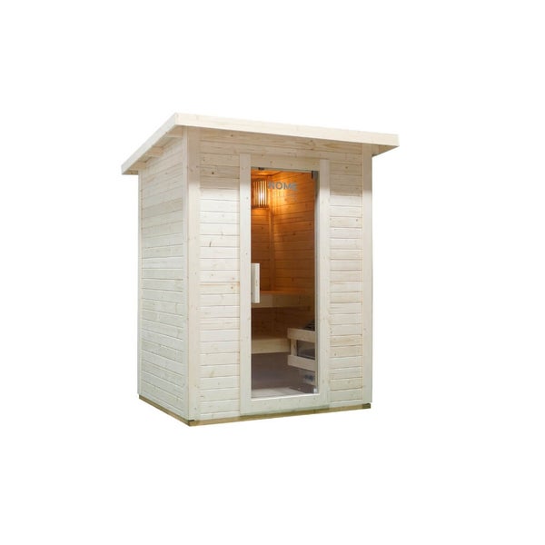 Eine klassische Gartensauna aus Holz mit Pultdach und einer Glastür für den Außenbereich.