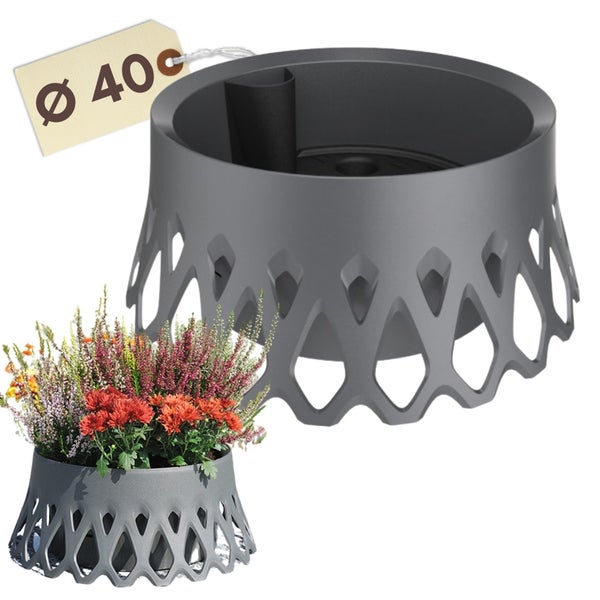 Grauer Pflanztopf mit Durchmesser 40 Zentimeter und Pflanzen