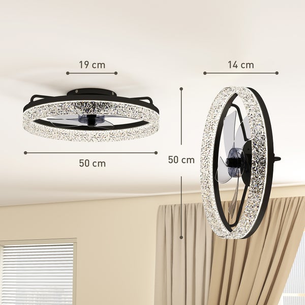Schwarzer Deckenventilator mit LED-Lichtring in Kristalloptik, Durchmesser 50 Zentimeter, Höhe 19 Zentimeter, Tiefe 14 Zentimeter.
