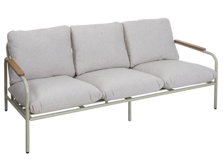 3-Sitzer Gartensofa mit Metallgestell, Armlehnen aus Holz sowie gepolsterten Sitz- und Rückenkissen.