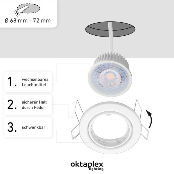 Deckenleuchte 3000K 6x Schwenkbar Dijon mit Nizza LED Modul 4,8W 230V 380lm Einbaustrahler Weiß Lochmaß 68mm
