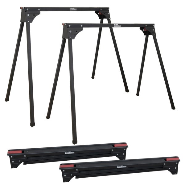 Zwei faltbare schwarze Arbeitsböcke aus Metall von Trutzholm, dargestellt in offener und zusammengeklappter Position.