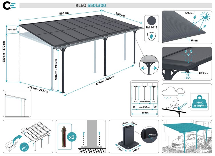 Terrassenüberdachung garten alu Grau KLEO - Höhe verstellbar 556x300x225/270 cm - mit Polycarbonat Dach Grau halbtransparent 6mm Auch Pergola/Carport