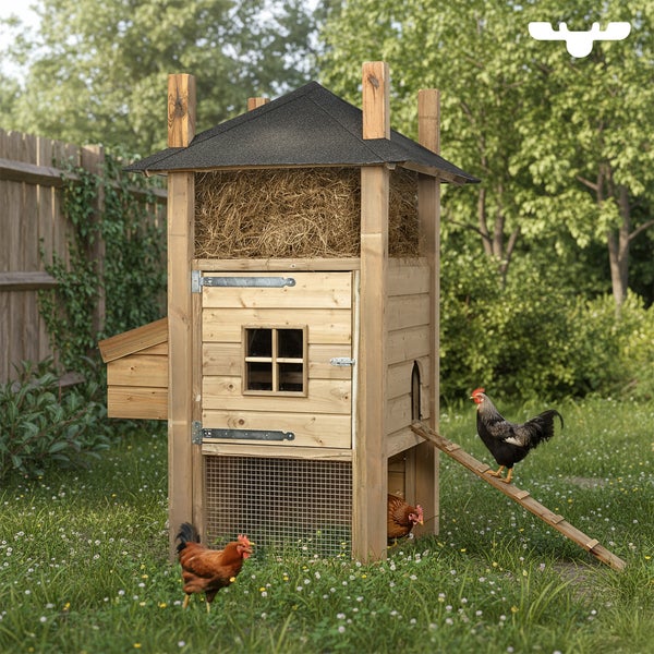 Hühnerstall aus Holz mit Rampe, Fenster und Heu