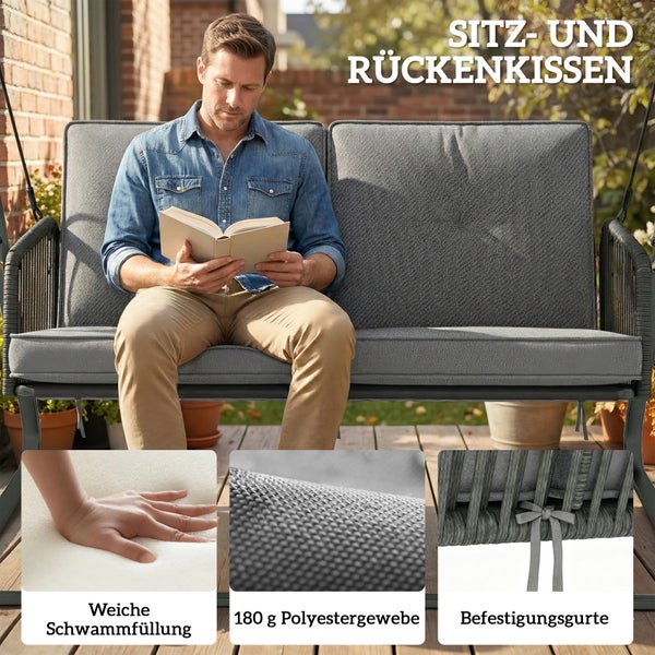Sitz- und Rückenkissen auf einer Gartenschaukel mit weicher Schwammfüllung, 180 Gramm Polyestergewebe und Befestigungsgurten.