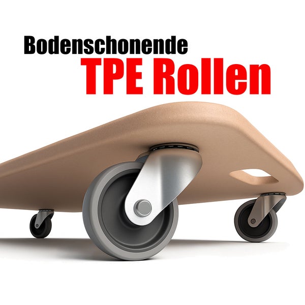 Rollbrett mit bodenschonenden thermoplastischen Elastomer Rollen für Möbeltransporte.