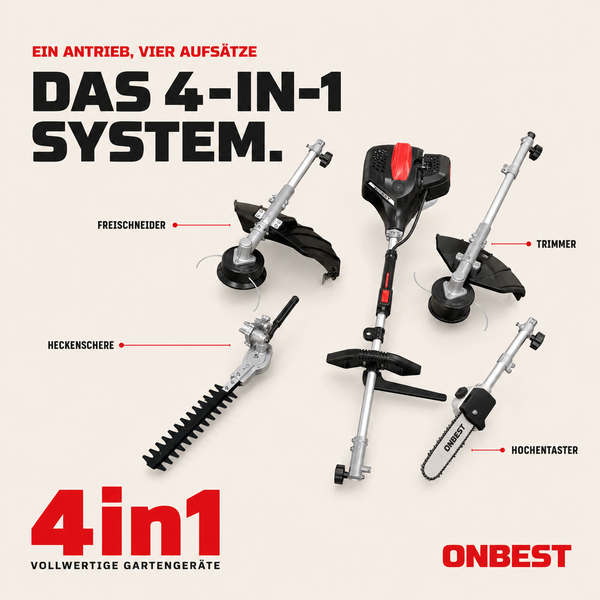 ONBEST 4-in-1 Garten-Multitool-System mit Antriebseinheit, Freischneider, Rasentrimmer, Heckenschere und Hochentaster. ONBEST Logo.