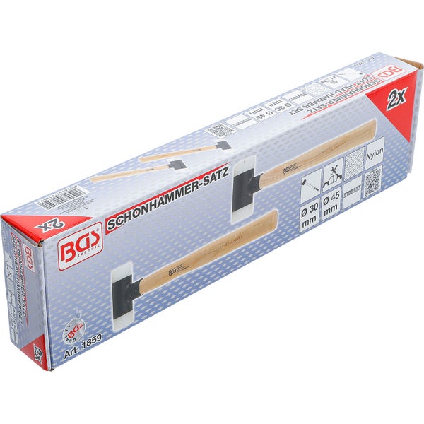 Schonhammer Satz mit Nylonköpfen und Hickory Griff in Produktverpackung