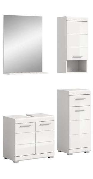 Badmöbel-Set bestehend aus Spiegel mit Ablage, Waschbeckenunterschrank, Hängeschrank und Highboard in Weiß.