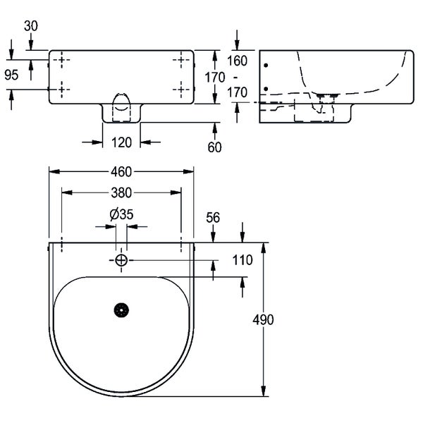 Technische Zeichnung eines Waschbeckens mit Maßangaben in Millimeter: Breite 460, Tiefe 490, Höhe circa 160 bis 170.
