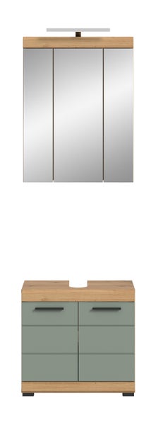 Badezimmermöbel-Set: Dreitüriger Spiegelschrank mit LED-Beleuchtung und Waschbeckenunterschrank in Eichenoptik mit graugrünen Fronten.