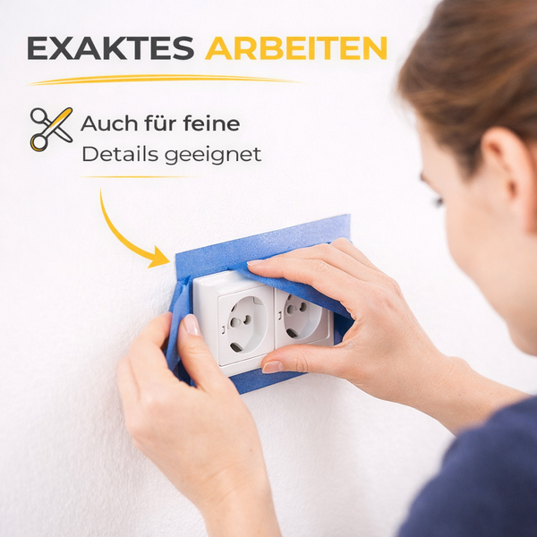 Eine Person klebt eine Doppelsteckdose sorgfältig mit Malerband ab, um exakte Kanten beim Streichen und Renovieren zu erzielen.