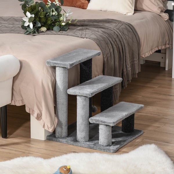PawHut Katzentreppe 3-stufige Haustiertreppe mit Kratzsäulen Ball Hundetreppe Tiertreppe für Katzen bis 5 kg Plüsch Jute Grau 45 x 40 x 48 cm