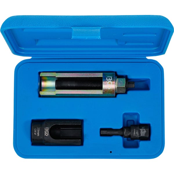 Werkzeugsatz mit Abzieher, Steckschlüssel und Bits im blauen Koffer