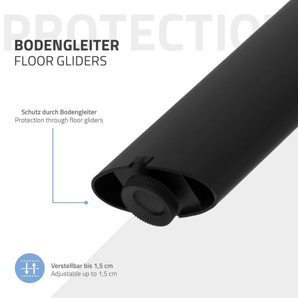 Bodengleiter für Tischbeine, höhenverstellbar bis 1,5 Zentimeter zum Schutz von Bodenbelägen.
