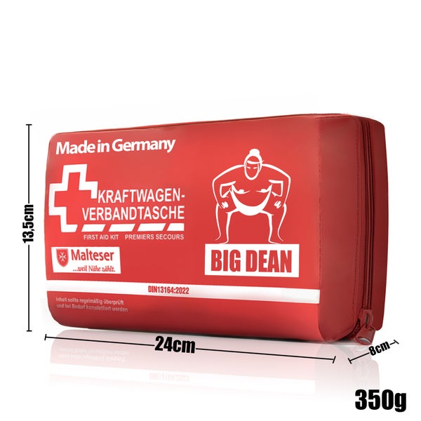 BigDean Verbandskasten MADE IN GERMANY  in rot – Verbandstasche nach DIN 13164:2022 - Erste Hilfe Set für das Auto europaweit einsetzbar – KFZ Verbandskasten 2025